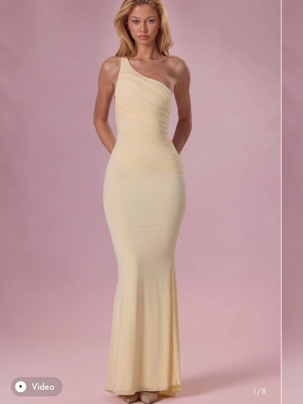 Oh Polly Cream One-Shoulder Ruched Evening Gown